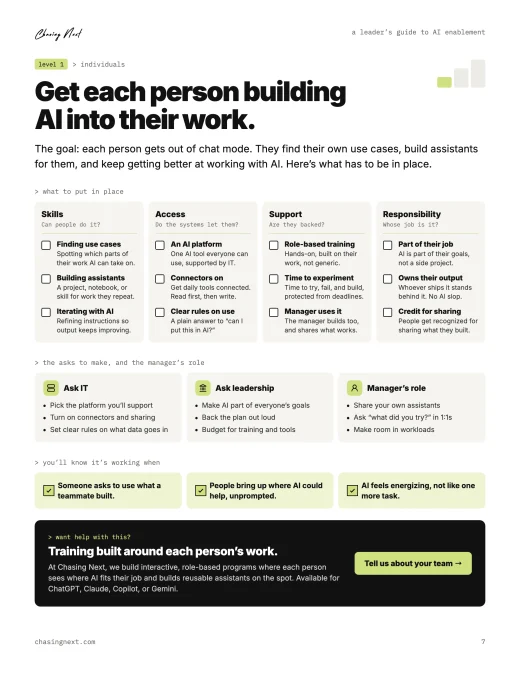 Guide page: get each person building AI into their work, with the asks to make of IT and leadership